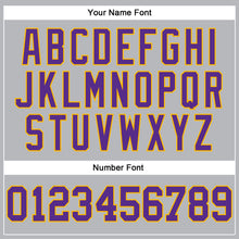 Load image into Gallery viewer, Custom Gray Black Pinstripe Purple-Gold Authentic Basketball Jersey
