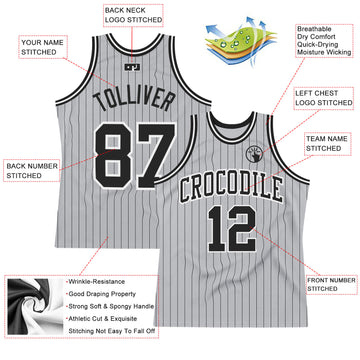 Custom Gray Black Pinstripe Black-White Authentic Basketball Jersey