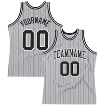 Load image into Gallery viewer, Custom Gray Black Pinstripe Black-White Authentic Basketball Jersey
