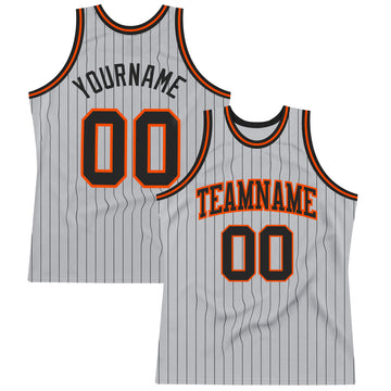 Custom Gray Black Pinstripe Black-Orange Authentic Basketball Jersey