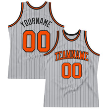 Load image into Gallery viewer, Custom Gray Black Pinstripe Orange Authentic Basketball Jersey
