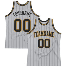 Load image into Gallery viewer, Custom Gray Black Pinstripe Black-Old Gold Authentic Basketball Jersey
