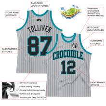 Load image into Gallery viewer, Custom Gray Black Pinstripe Black-Teal Authentic Basketball Jersey
