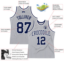 Load image into Gallery viewer, Custom Gray Navy Pinstripe Navy-White Authentic Basketball Jersey
