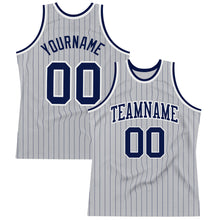 Load image into Gallery viewer, Custom Gray Navy Pinstripe Navy-White Authentic Basketball Jersey

