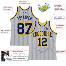Load image into Gallery viewer, Custom Gray Navy Pinstripe Navy-Gold Authentic Basketball Jersey

