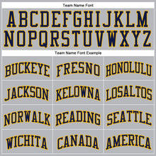 Load image into Gallery viewer, Custom Gray Navy Pinstripe Navy-Gold Authentic Basketball Jersey
