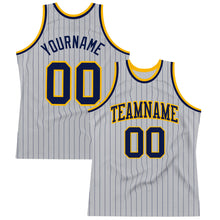 Load image into Gallery viewer, Custom Gray Navy Pinstripe Navy-Gold Authentic Basketball Jersey
