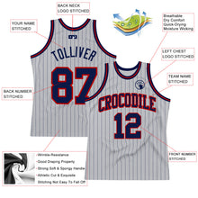 Load image into Gallery viewer, Custom Gray Navy Pinstripe Navy-Red Authentic Basketball Jersey
