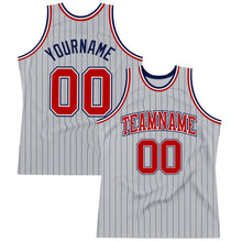 Load image into Gallery viewer, Custom Gray Navy Pinstripe Red-White Authentic Basketball Jersey
