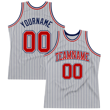 Custom Gray Navy Pinstripe Red-White Authentic Basketball Jersey