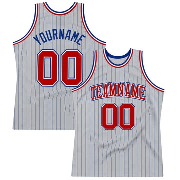 Custom Gray Royal Pinstripe Red-White Authentic Basketball Jersey