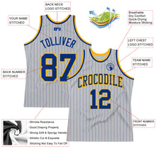Load image into Gallery viewer, Custom Gray Royal Pinstripe Royal-Gold Authentic Basketball Jersey
