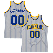 Load image into Gallery viewer, Custom Gray Royal Pinstripe Royal-Gold Authentic Basketball Jersey
