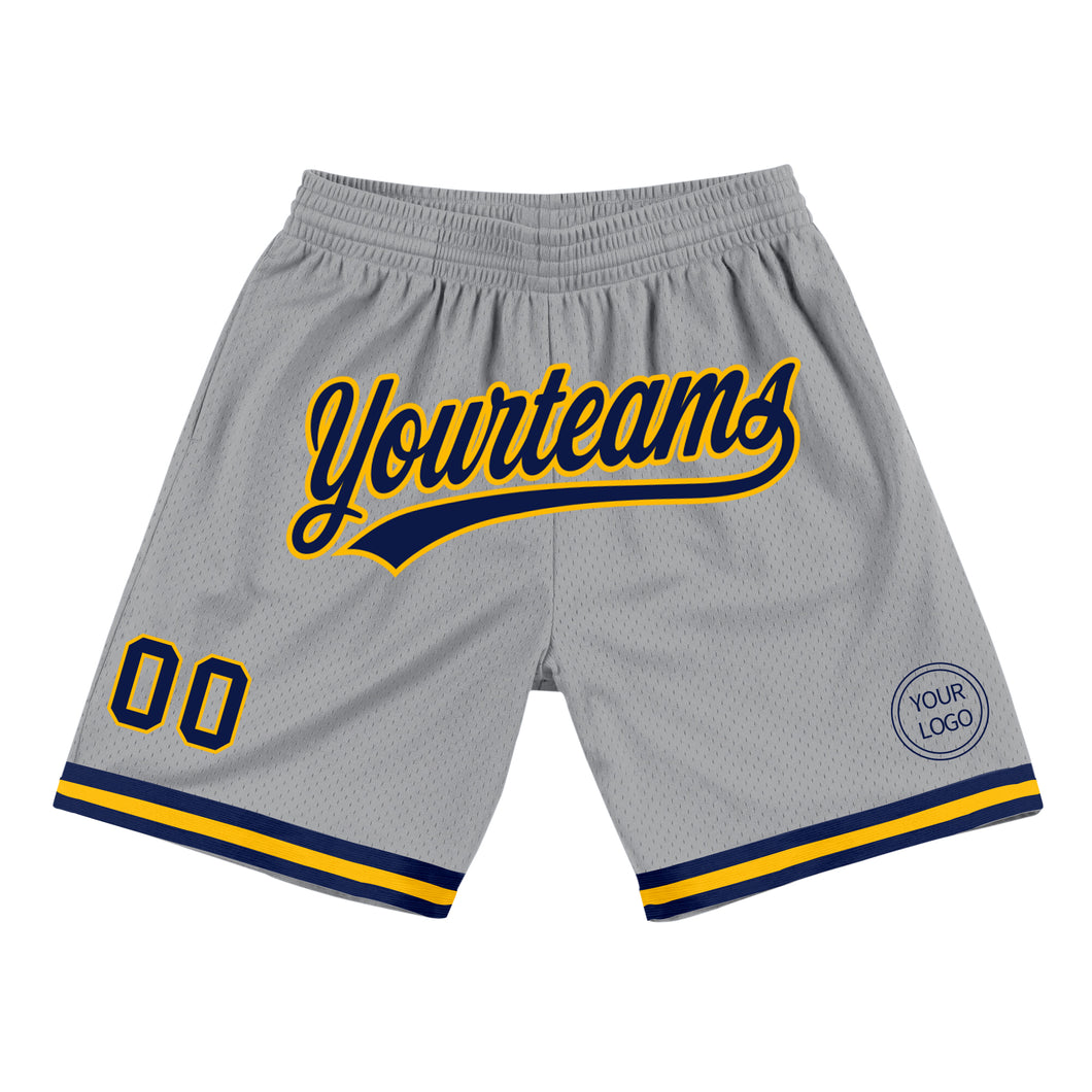 Custom Gray Navy-Gold Authentic Throwback Basketball Shorts