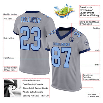 Custom Gray Light Blue-Navy Mesh Authentic Football Jersey