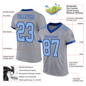 Custom Gray Light Blue-Royal Mesh Authentic Football Jersey