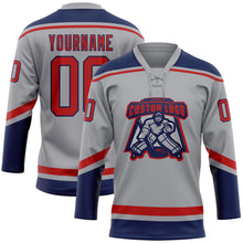 Load image into Gallery viewer, Custom Gray Red-Navy Hockey Lace Neck Jersey
