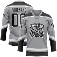 Load image into Gallery viewer, Custom Gray Black-White Hockey Lace Neck Jersey
