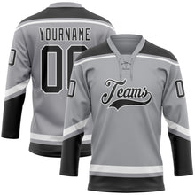 Load image into Gallery viewer, Custom Gray Black-White Hockey Lace Neck Jersey
