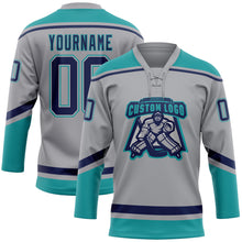 Load image into Gallery viewer, Custom Gray Navy-Teal Hockey Lace Neck Jersey
