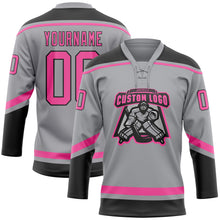 Load image into Gallery viewer, Custom Gray Pink-Black Hockey Lace Neck Jersey
