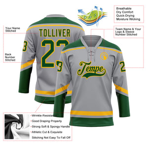 Custom Gray Green-Gold Hockey Lace Neck Jersey