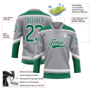 Custom Gray Kelly Green-White Hockey Lace Neck Jersey