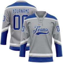 Load image into Gallery viewer, Custom Gray Royal-White Hockey Lace Neck Jersey
