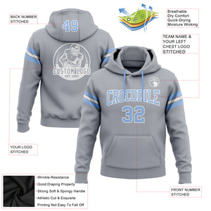 Custom Stitched Gray Light Blue-White Football Pullover Sweatshirt Hoodie