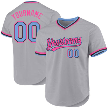 Custom Gray Light Blue Black-Pink Authentic Throwback Baseball Jersey