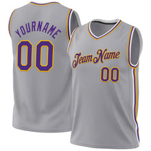 Load image into Gallery viewer, Custom Gray Purple-Gold Authentic Throwback Basketball Jersey
