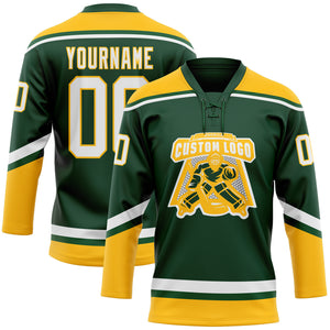 Custom Green White-Gold Hockey Lace Neck Jersey