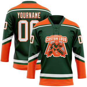 Custom Green White-Orange Hockey Lace Neck Jersey