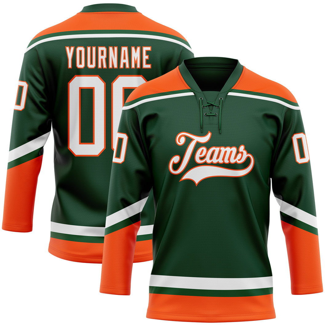 Custom Green White-Orange Hockey Lace Neck Jersey