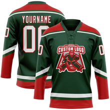 Load image into Gallery viewer, Custom Green White-Red Hockey Lace Neck Jersey
