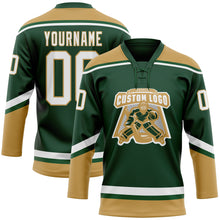 Load image into Gallery viewer, Custom Green White-Old Gold Hockey Lace Neck Jersey
