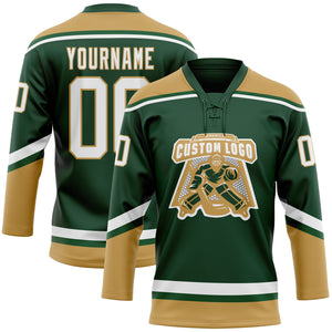 Custom Green White-Old Gold Hockey Lace Neck Jersey