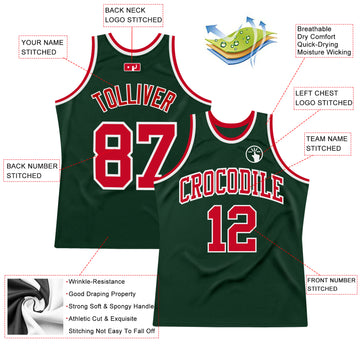 Custom Hunter Green Red-White Authentic Throwback Basketball Jersey