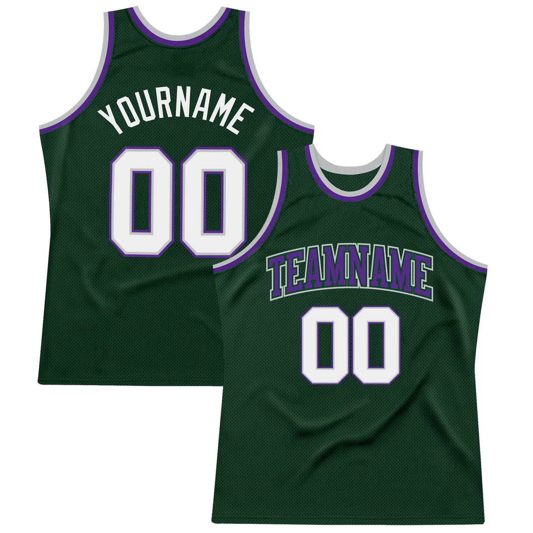 Custom Hunter Green White Gray-Purple Authentic Throwback Basketball Jersey