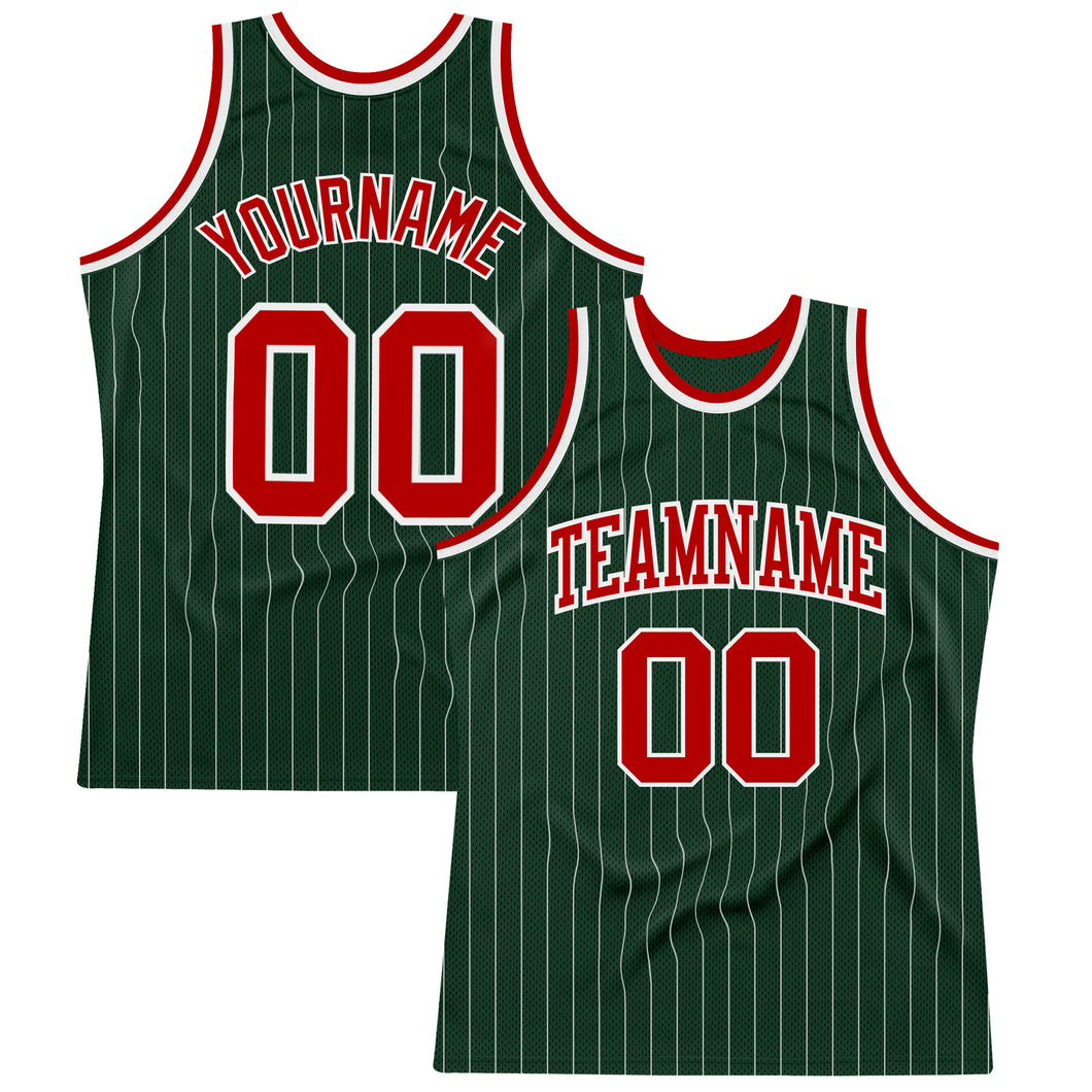 Custom Hunter Green White Pinstripe Red Authentic Basketball Jersey