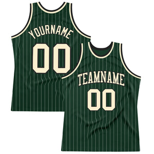 Custom Hunter Green White Pinstripe Cream-Black Authentic Basketball Jersey