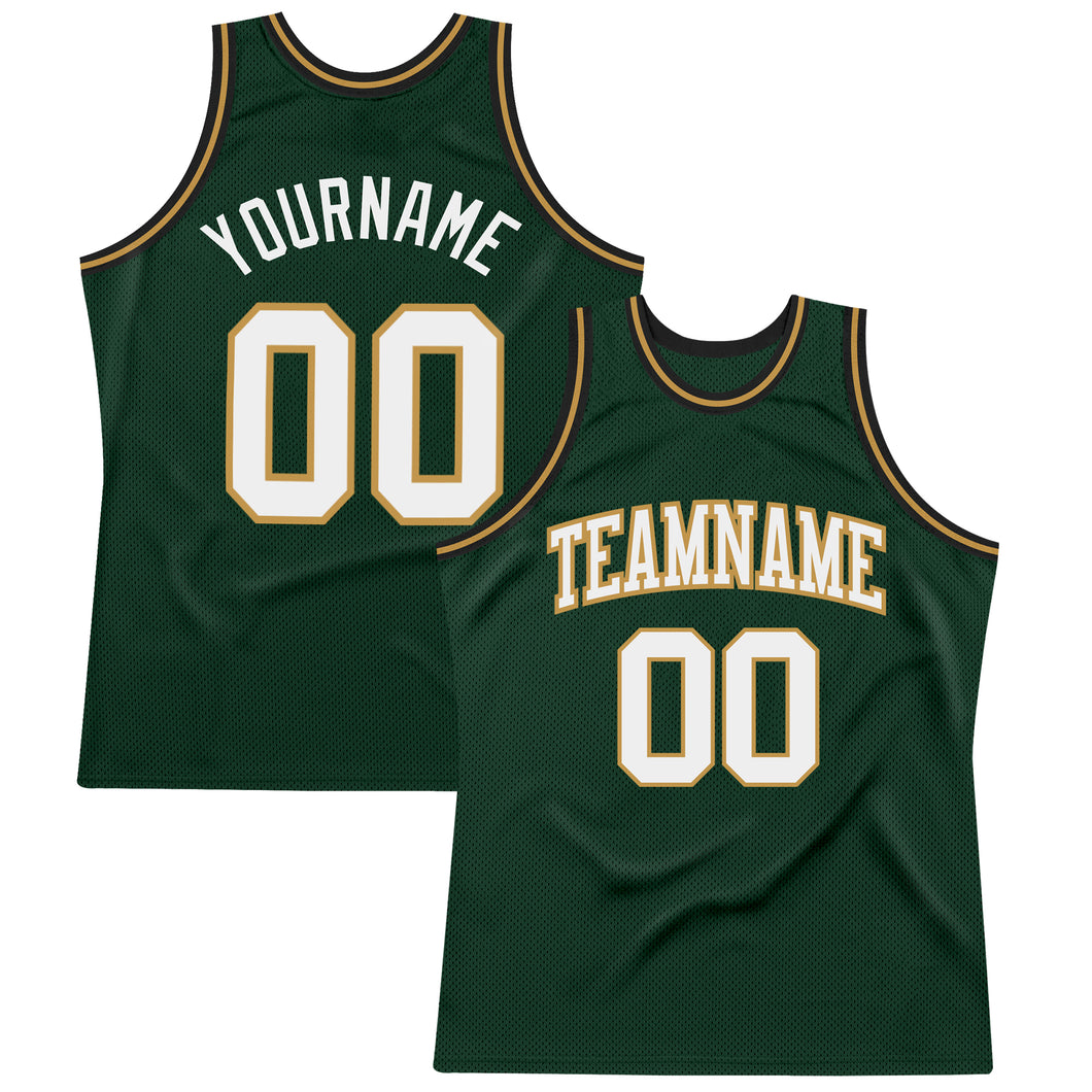 Custom Hunter Green White Old Gold-Black Authentic Throwback Basketball Jersey