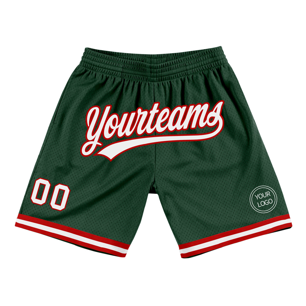 Custom Hunter Green White-Red Authentic Throwback Basketball Shorts