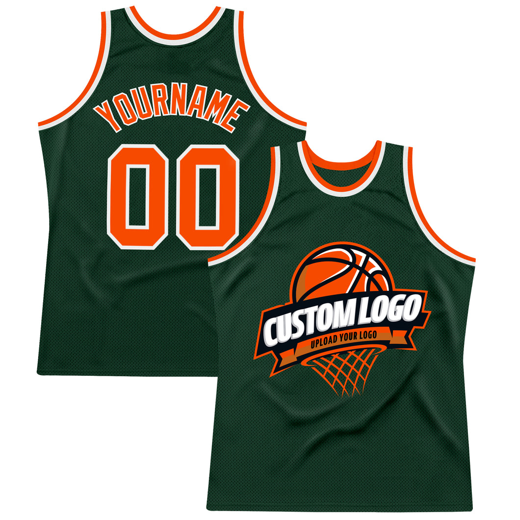 Custom Hunter Green Orange-White Authentic Throwback Basketball Jersey