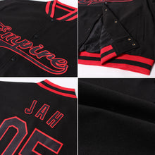 Load image into Gallery viewer, Custom Black Black-Red Bomber Full-Snap Varsity Letterman Jacket
