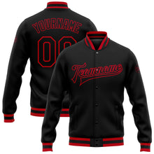 Load image into Gallery viewer, Custom Black Black-Red Bomber Full-Snap Varsity Letterman Jacket
