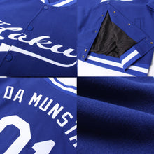Load image into Gallery viewer, Custom Royal White Bomber Full-Snap Varsity Letterman Jacket
