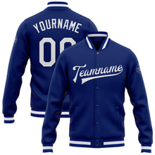 Load image into Gallery viewer, Custom Royal White Bomber Full-Snap Varsity Letterman Jacket
