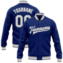Load image into Gallery viewer, Custom Royal White-Gray Bomber Full-Snap Varsity Letterman Jacket
